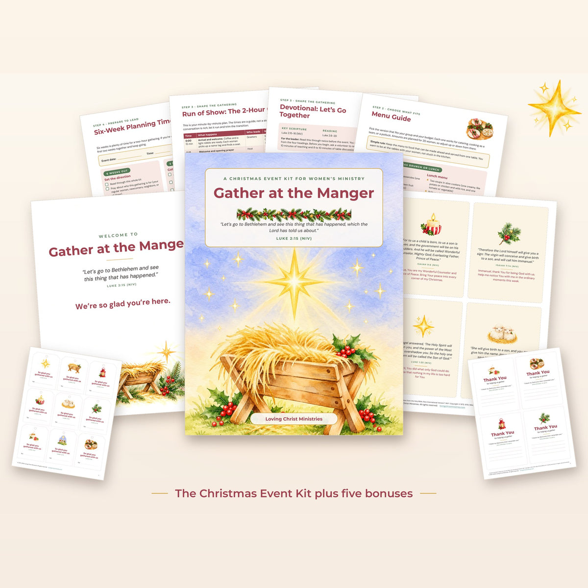 Gather at the Manger Christmas Event Kit pages with the prayer cards, favor tags, welcome sign, and thank-you notes
