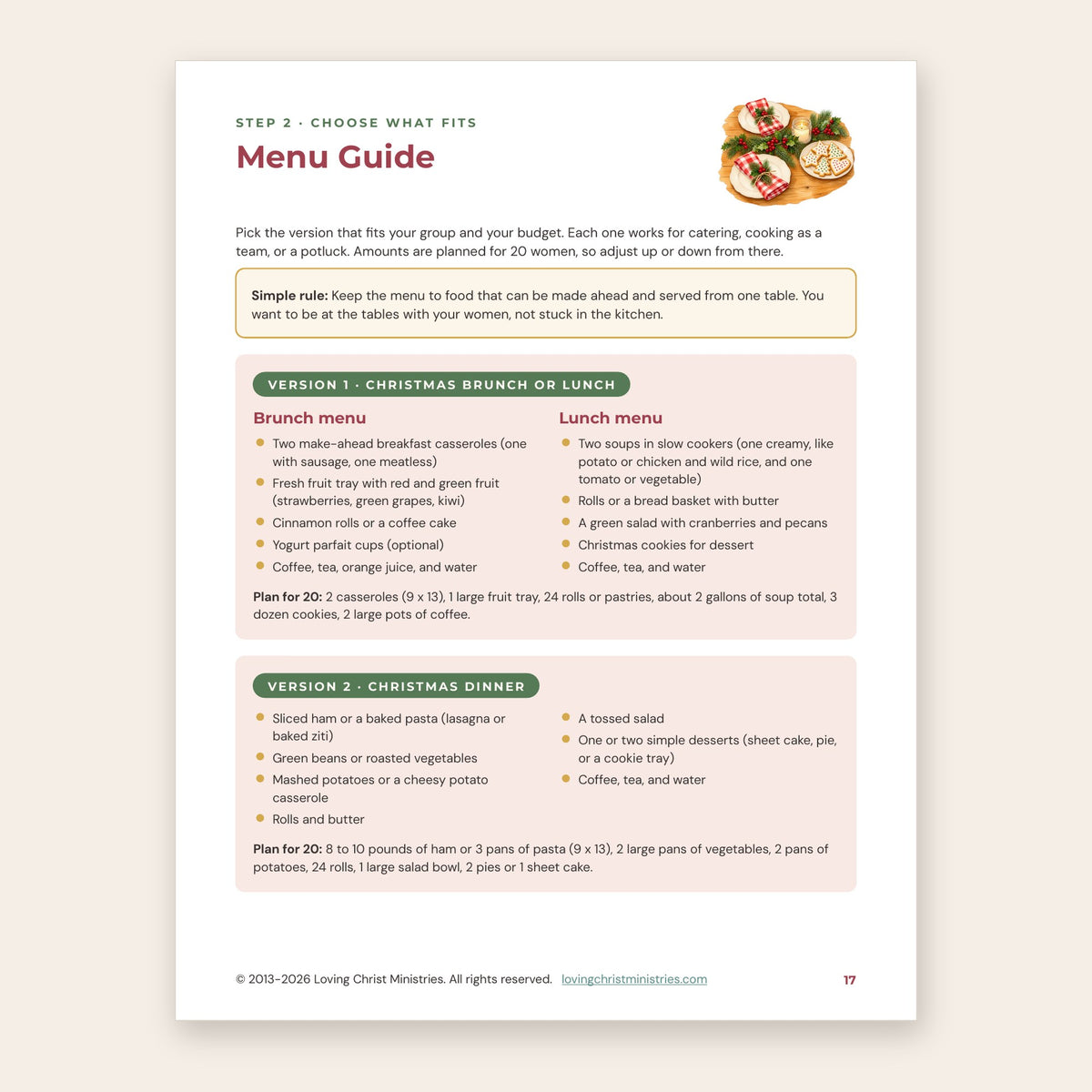Menu Guide page with brunch, lunch, and dinner menus