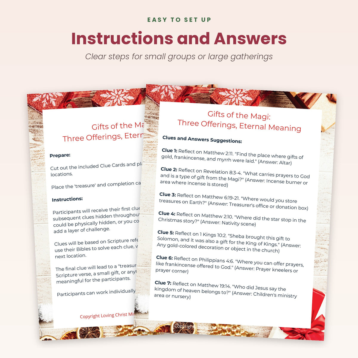 Setup instructions and clue answers from the Gifts of the Magi scavenger hunt