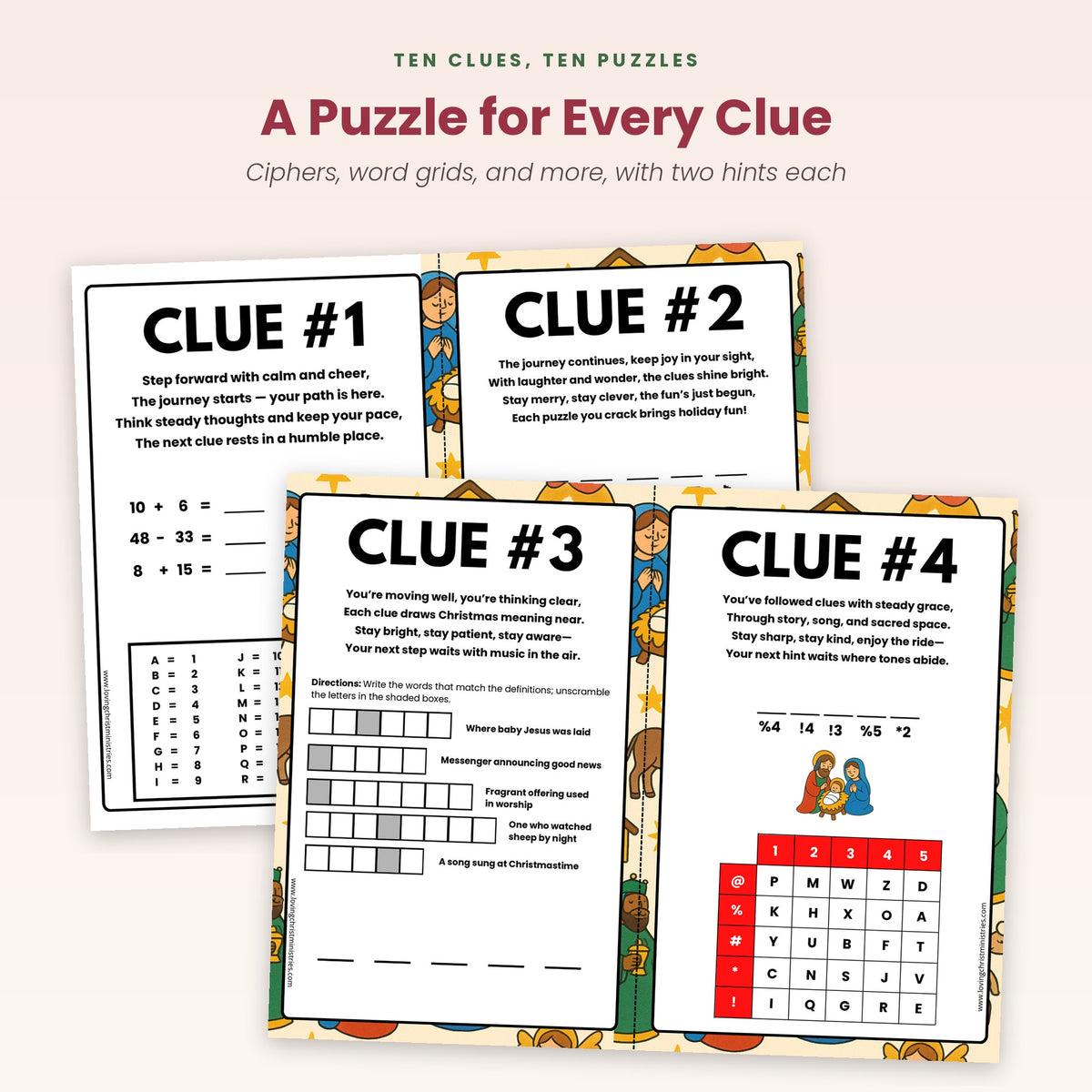Nativity puzzle hunt clue cards with ciphers and word puzzles