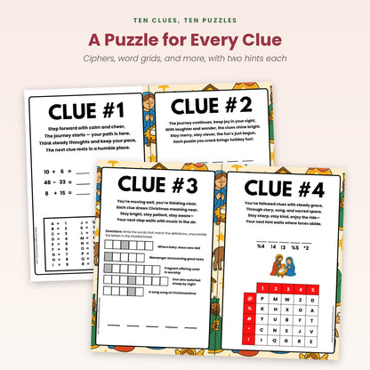 Nativity puzzle hunt clue cards with ciphers and word puzzles