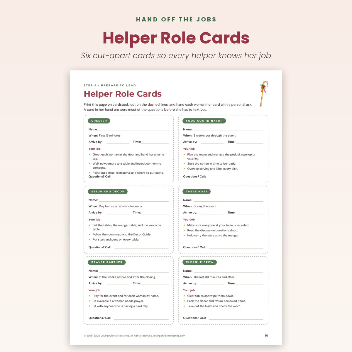 Helper Role Cards page with six cut-apart cards for Christmas gathering volunteers