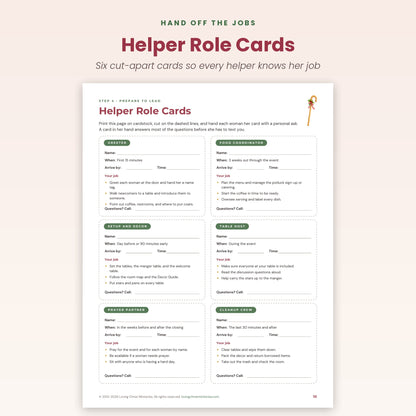 Helper Role Cards page with six cut-apart cards for Christmas gathering volunteers