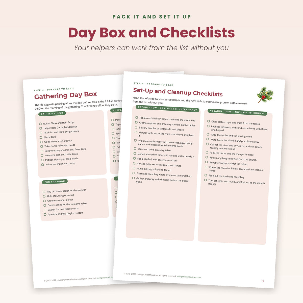 Gathering Day Box packing list and Set-Up and Cleanup Checklists