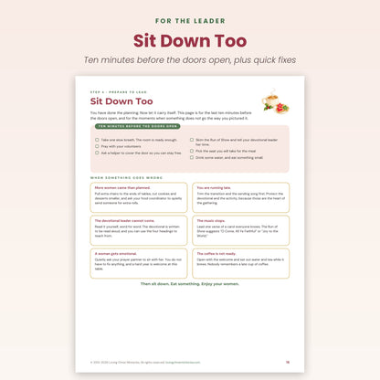 Sit Down Too page for the leader with quick fixes for gathering day