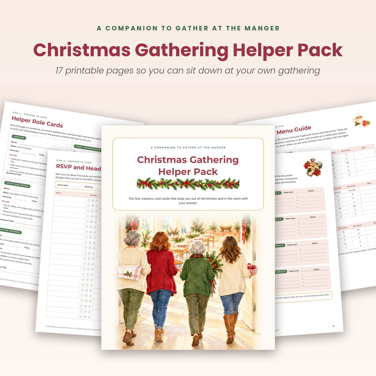 Christmas Gathering Helper Pack cover with the helper role cards, RSVP tracker, menu guide, and seating pages
