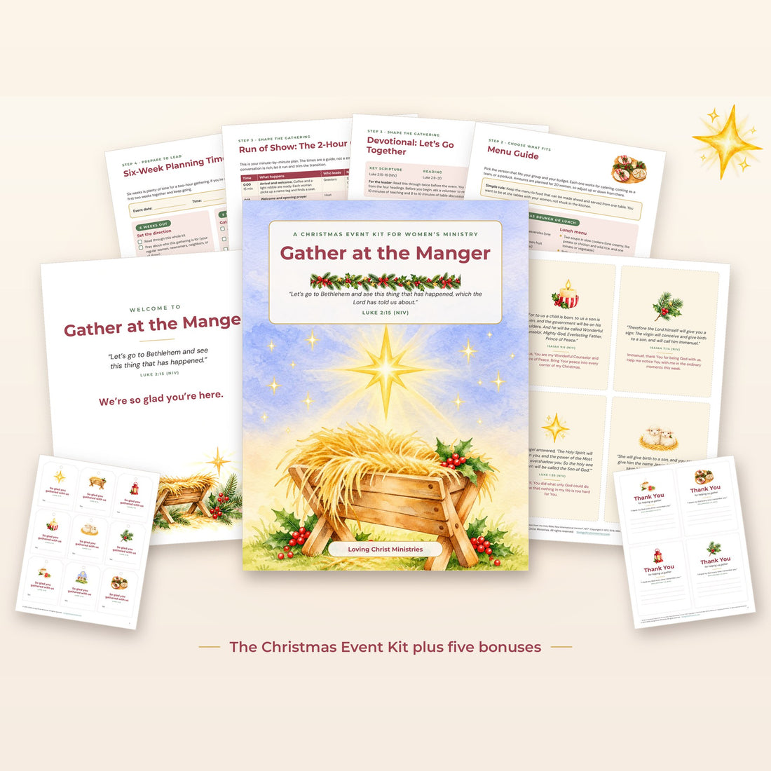 Gather at the Manger Christmas Event Kit pages with the prayer cards, favor tags, welcome sign, and thank-you notes