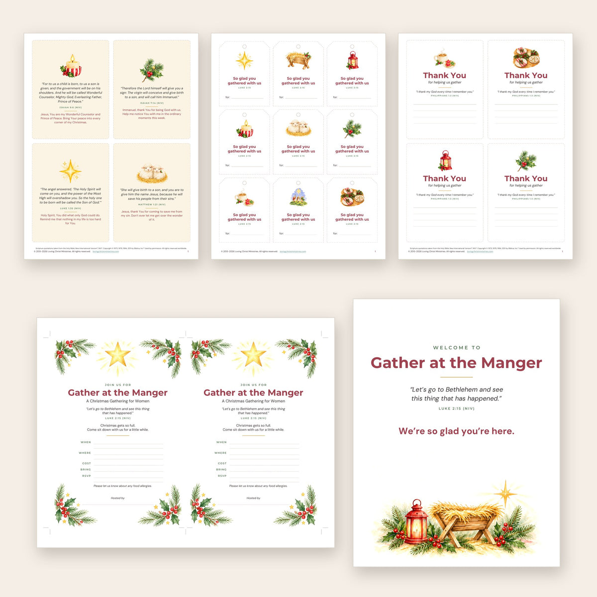 The five bonuses: prayer cards, favor tags, thank-you notes, invitations, and welcome sign